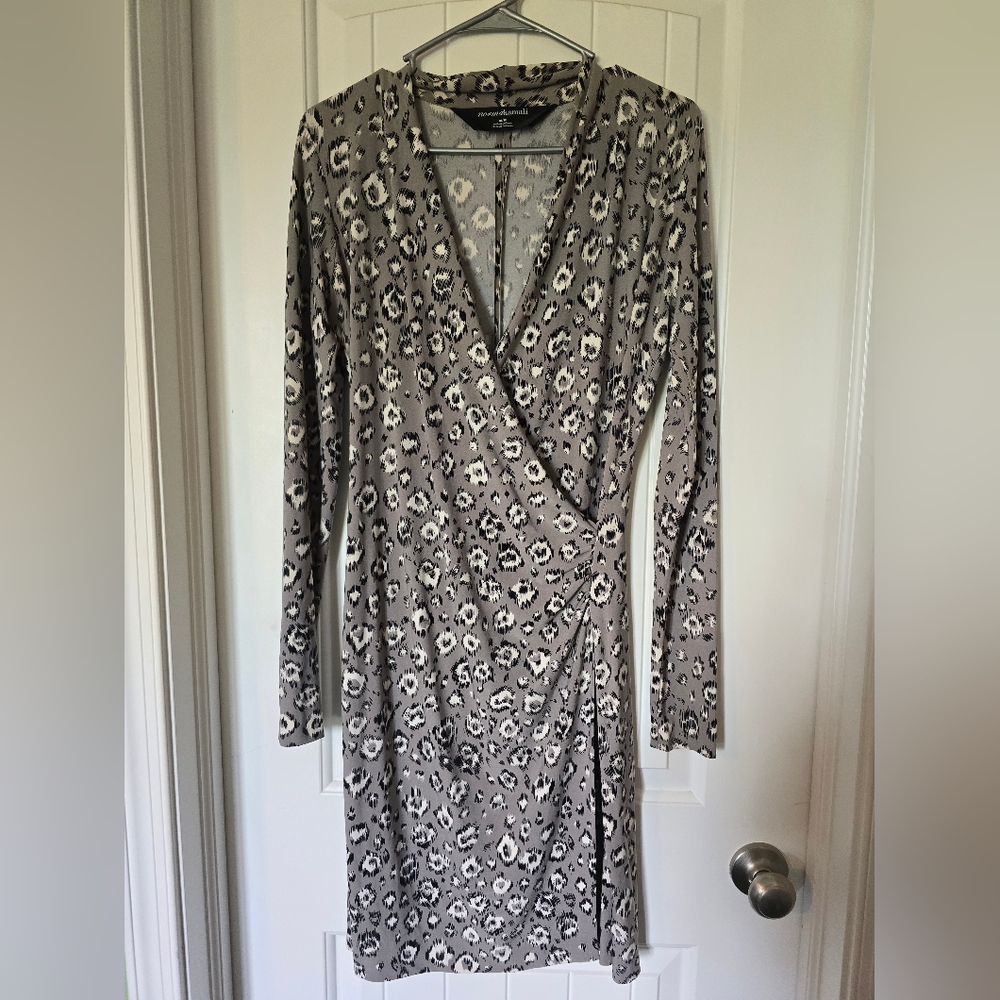 NormaKamali Leopard Print Grey Wrap Bodycon Dress - Size M